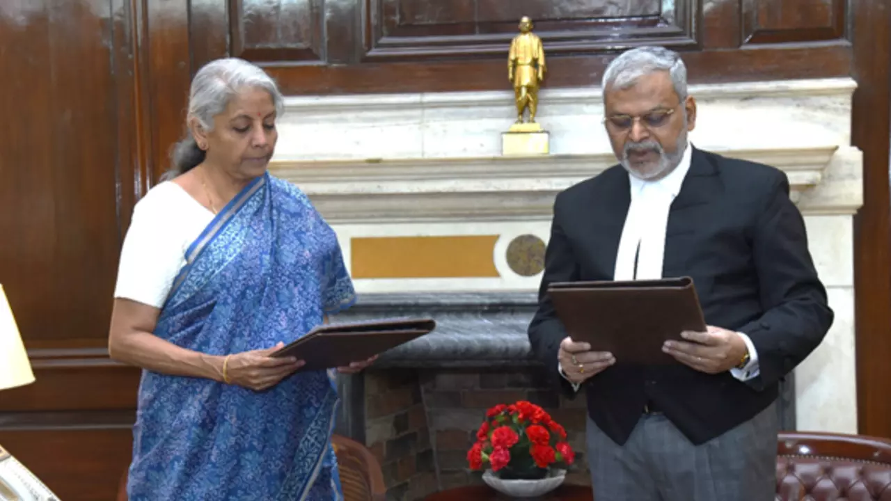 Union Finance Minister Administers Oath Of Office To Justice (Retd.) Sanjaya Kumar Mishra As First President Of GSTAT in New Delhi