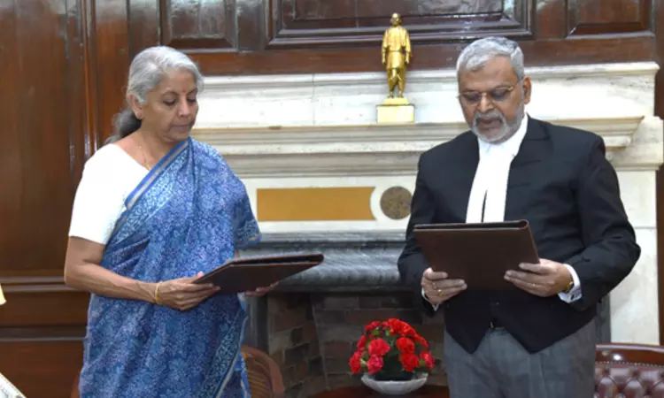 Union Finance Minister Administers Oath Of Office To Justice (Retd.) Sanjaya Kumar Mishra As First President Of GSTAT in New Delhi